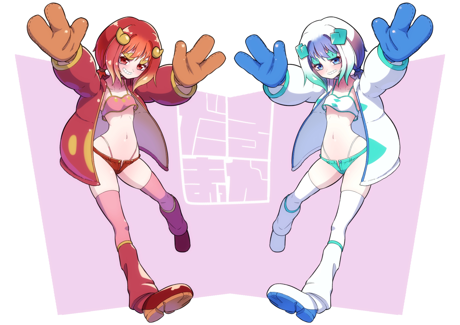 fumirumochigashin, darumaka, nintendo, pokemon, highres, 2girls, alternate color, arms up, blue eyes, blue mittens, breasts, brown mittens, gen 5 pokemon, grin, jacket, long sleeves, mittens, multiple girls, navel, open clothes, open jacket, personification, pink thighhighs, pokemon (creature), red eyes, red hair, red shoes, shoes, short hair, simple background, small breasts, smile, thick eyebrows, thighhighs, thong, white hair, white shoes, white thighhighs
