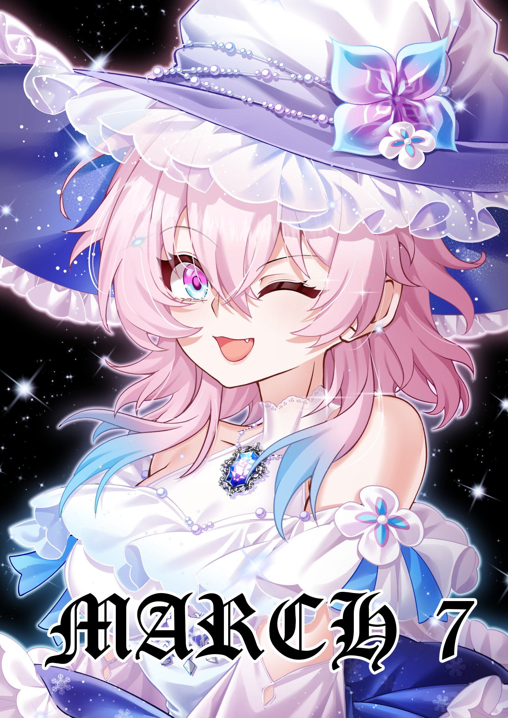 march 7th (honkai: star rail), honkai: star rail, honkai (series), commentary, english commentary, highres, 1girl, ;o, bare shoulders, blue hair, breasts, character name, dress, gradient hair, hat, jewelry, looking at viewer, medium breasts, multicolored eyes, multicolored hair, necklace, one eye closed, pink hair, ruru rinka, solo, two-tone eyes, two-tone hair, upper body, white dress, witch hat