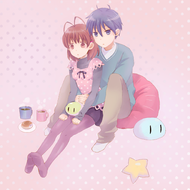mosu, furukawa nagisa, okazaki tomoya, clannad, dango daikazoku, bad id, bad pixiv id, 00s, 1boy, 1girl, blue eyes, blue hair, blush, brown eyes, brown hair, couple, cup, dango, food, hetero, hug, husband and wife, pantyhose, polka dot, short hair, starfish, wagashi