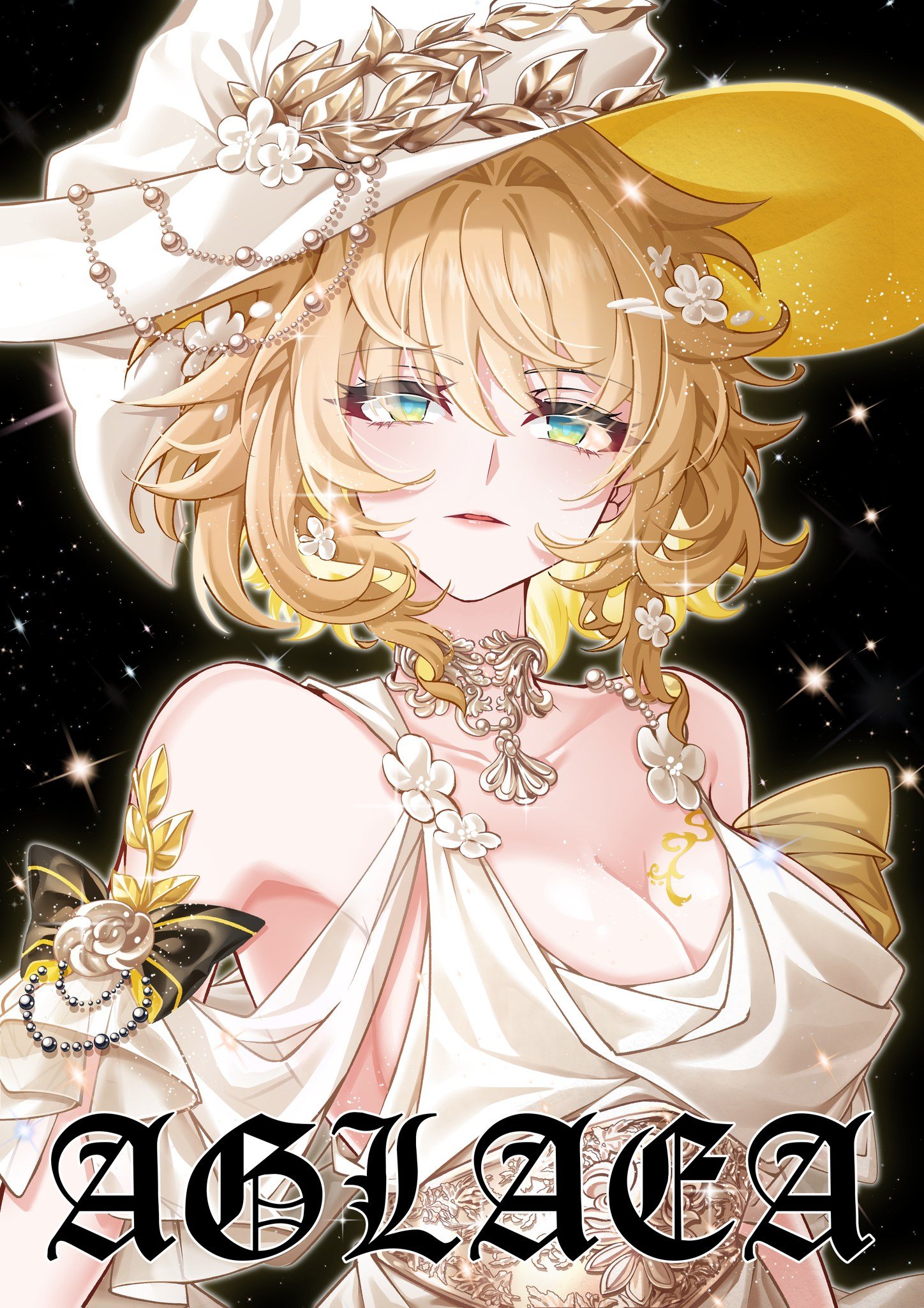 aglaea (honkai: star rail), honkai: star rail, honkai (series), commentary, english commentary, highres, 1girl, bare shoulders, black background, blonde hair, breast tattoo, breasts, character name, dress, flower, gold tattoo, green eyes, hair flower, hair ornament, hat, large breasts, ruru rinka, short hair, solo, tattoo, upper body, white dress, witch hat