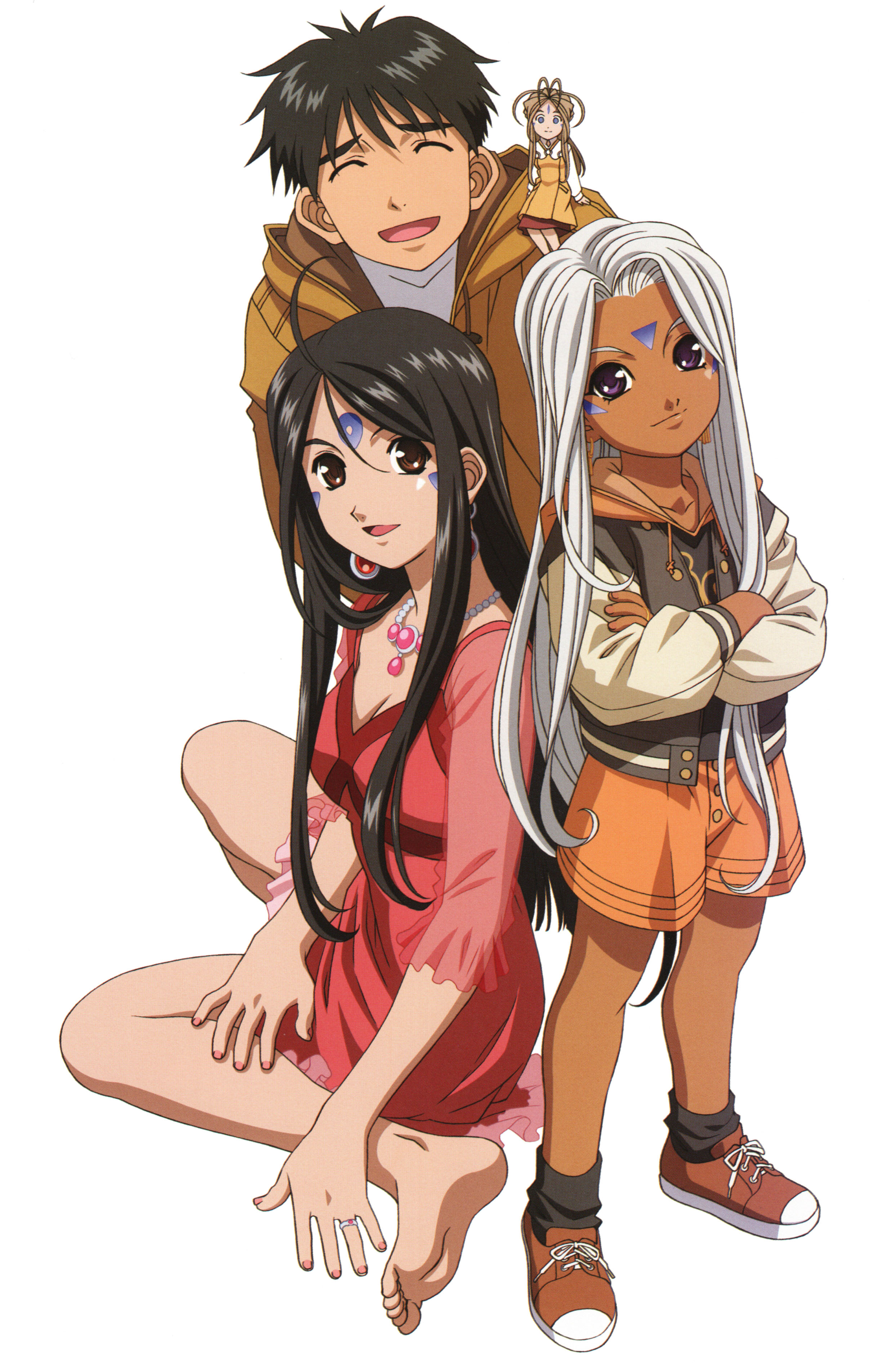 matsubara hidenori, belldandy, morisato keiichi, skuld (aa megami-sama), urd (aa megami-sama), aa megami-sama, absurdres, highres, official art, 1boy, 3girls, aged down, aged up, barefoot, black hair, blue eyes, brown eyes, closed eyes, earrings, facial mark, feet, forehead mark, jewelry, long hair, long legs, mini person, minigirl, multiple girls, necklace, purple eyes, ring, white hair