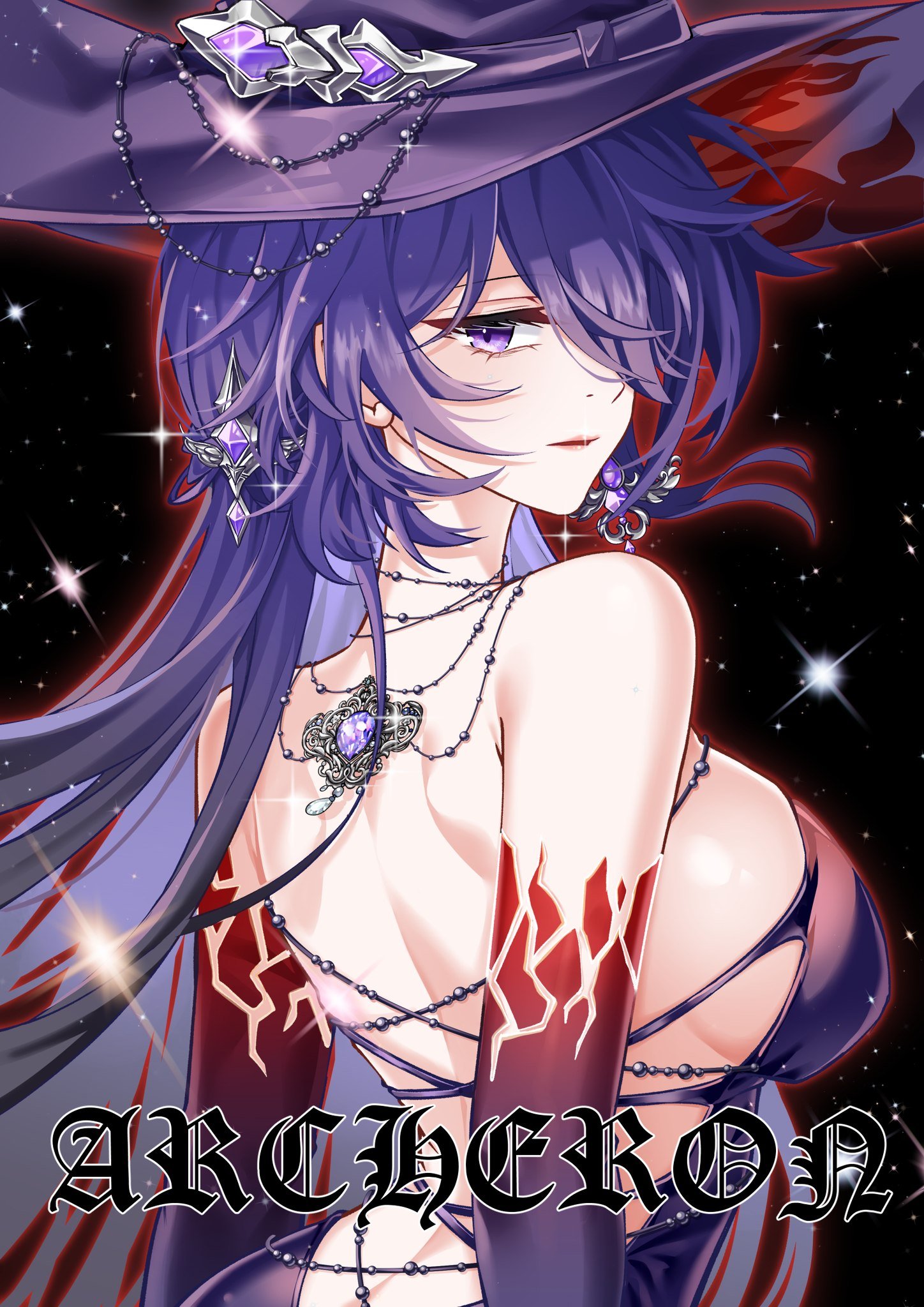 acheron (honkai: star rail), honkai: star rail, honkai (series), commentary, english commentary, highres, 1girl, back, backless dress, backless outfit, black background, breasts, character name, dress, from side, hat, large breasts, looking at viewer, pink hair, purple dress, purple eyes, ruru rinka, sideboob, solo, upper body, witch hat