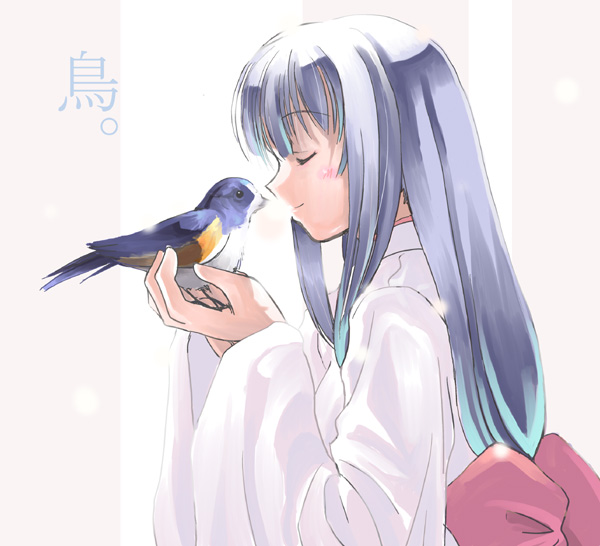 kabocha, kabocha (monkey4), original, silver hair, 1girl, bird, bird on hand, blue hair, blush, closed eyes, female focus, japanese clothes, kimono, long hair, profile, smile, solo