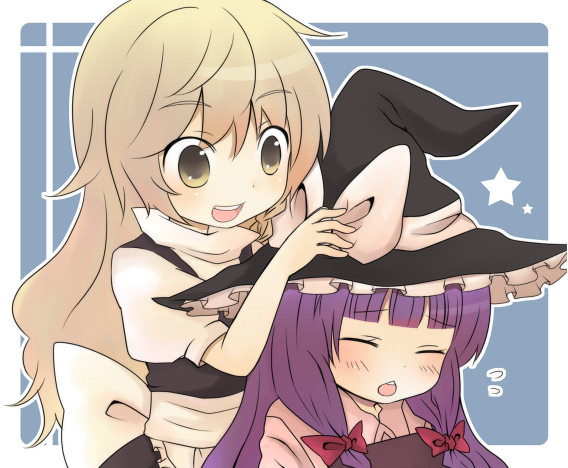 sakeko, kirisame marisa, patchouli knowledge, touhou, 2girls, :d, :o, apron, blonde hair, blunt bangs, blush, bow, female focus, hair bow, hat, multiple girls, open mouth, puffy short sleeves, puffy sleeves, red bow, short sleeves, sidelocks, smile, upper body, waist apron, wince, witch hat