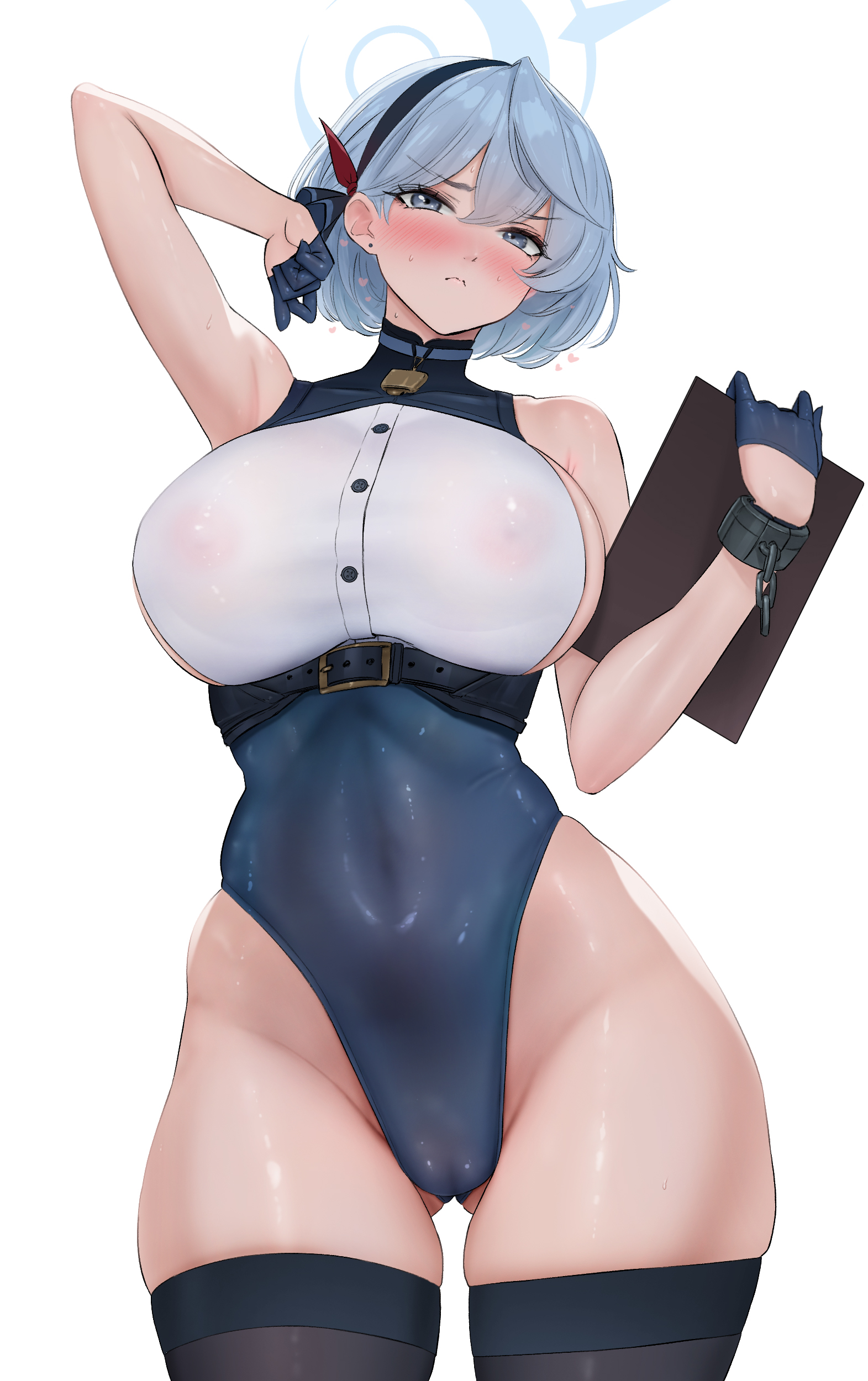 ako (blue archive), blue archive, absurdres, commentary, highres, 1girl, adapted costume, arm up, bell, black thighhighs, blue choker, blue eyes, blue gloves, blue hair, blue hairband, blue halo, blue leotard, blush, breasts, cameltoe, chest harness, choker, clipboard, closed mouth, covered erect nipples, covered navel, cowbell, cowboy shot, cowlick, cuffs, double-parted bangs, earrings, embarrassed, eyelashes, framed breasts, frown, furrowed brow, gloves, gluteal fold, hair between eyes, hair ribbon, hairband, half gloves, halo, harness, highleg, highleg leotard, holding, holding clipboard, jewelry, large breasts, leotard, looking at viewer, neck bell, red ribbon, ribbon, see-through clothes, see-through shirt, shackles, shirt, short hair, sideless shirt, simple background, single handcuff, skindentation, solo, standing, stud earrings, thighhighs, turtleneck, underbust, user xkka4243, white background, white shirt