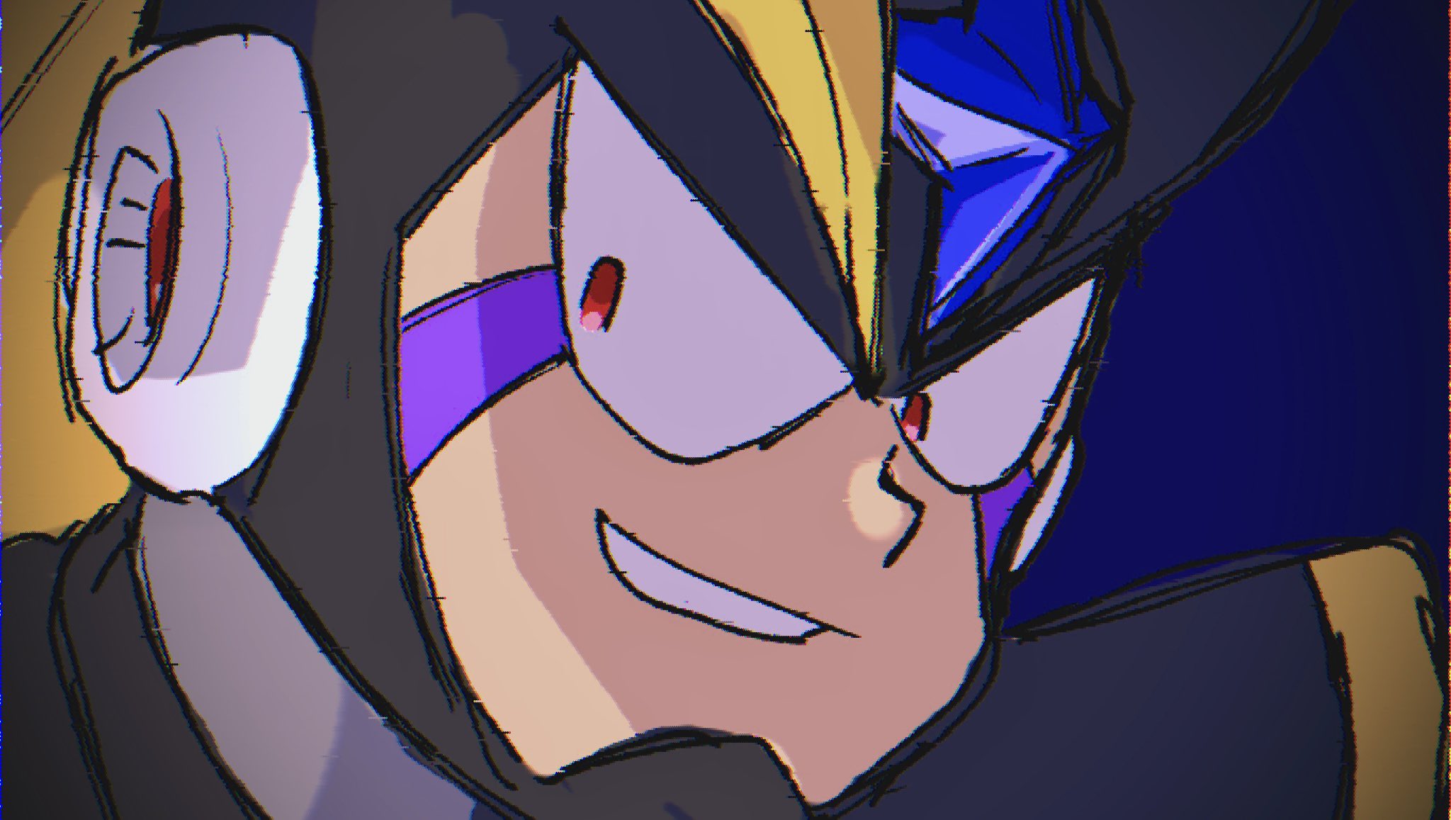 bass (mega man), mega man (classic), mega man (series), highres, 1boy, android, armor, black armor, black helmet, blue background, evil smile, facial mark, forehead jewel, helmet, looking at viewer, r ladt, red eyes, robot, robot ears, shoulder armor, smile, solo