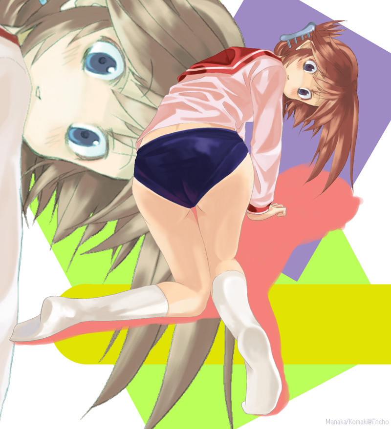 kabocha, kabocha (monkey4), komaki manaka, to heart, to heart (series), to heart 2, 00s, 1girl, all fours, ass, blush, brown hair, buruma, feet, female focus, folded ponytail, kneehighs, looking back, school uniform, socks, solo, white socks, zoom layer