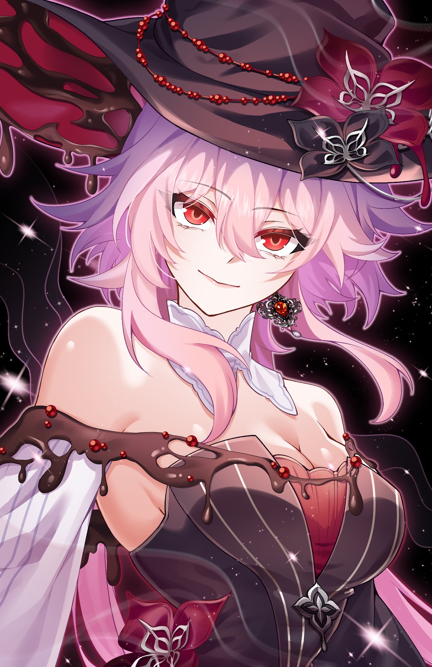 evernight (honkai: star rail), march 7th (honkai: star rail), honkai: star rail, honkai (series), commentary, highres, 1girl, alternate costume, bare shoulders, black background, black dress, breasts, dress, earrings, hat, jewelry, large breasts, long hair, looking at viewer, pink hair, red eyes, ruru rinka, smile, solo, very long hair, witch hat