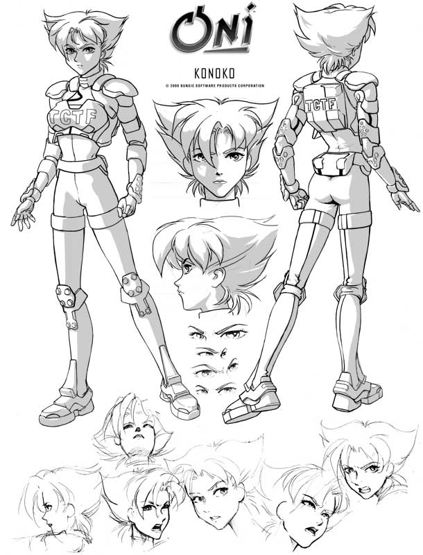 lorraine reyes mclees, konoko (oni), oni (game), jpeg artifacts, 1990s (style), 1girl, body armor, bodysuit, breasts, character chart, chart, full body, greyscale, monochrome, multiple views, portrait, profile, reference sheet, retro artstyle, sketch, small breasts, text background, turnaround
