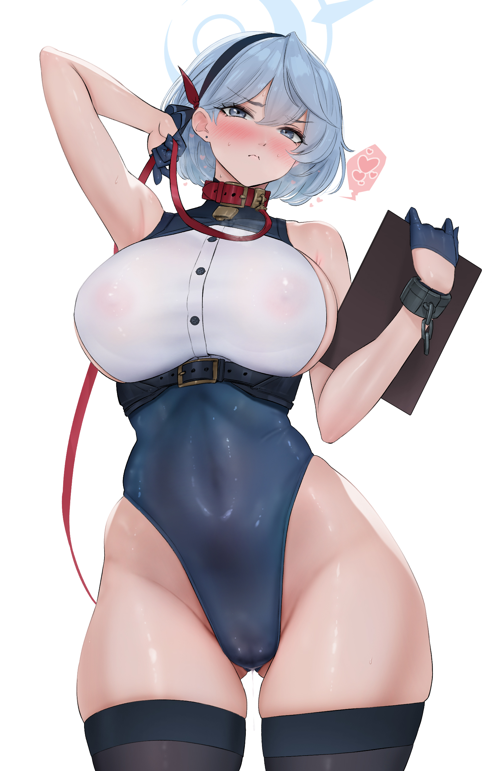 ako (blue archive), blue archive, absurdres, commentary, highres, 1girl, adapted costume, animal collar, arm up, bdsm, bell, black thighhighs, blue choker, blue eyes, blue gloves, blue hair, blue hairband, blue halo, blue leotard, blush, breasts, breath, cameltoe, chest harness, choker, clipboard, closed mouth, collar, covered erect nipples, covered navel, cowbell, cowboy shot, cowlick, cuffs, double-parted bangs, earrings, embarrassed, eyelashes, framed breasts, frown, furrowed brow, gloves, gluteal fold, hair between eyes, hair ribbon, hairband, half gloves, halo, harness, heart, highleg, highleg leotard, holding, holding clipboard, holding leash, jewelry, large breasts, leash, leotard, looking at viewer, neck bell, pussy juice, pussy juice drip through clothes, red collar, red ribbon, ribbon, see-through clothes, see-through shirt, shackles, shirt, short hair, sideless shirt, simple background, single handcuff, skindentation, solo, spoken heart, standing, stud earrings, thighhighs, turtleneck, underbust, user xkka4243, white background, white shirt