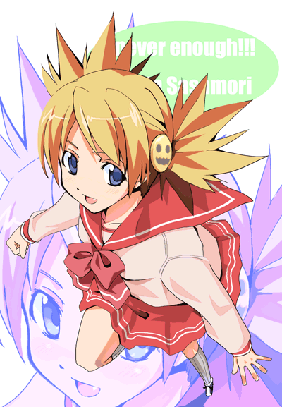 kabocha, kabocha (monkey4), sasamori karin, to heart, to heart (series), to heart 2, 00s, 1girl, blue eyes, fang, female focus, school uniform, skirt, solo, zoom layer