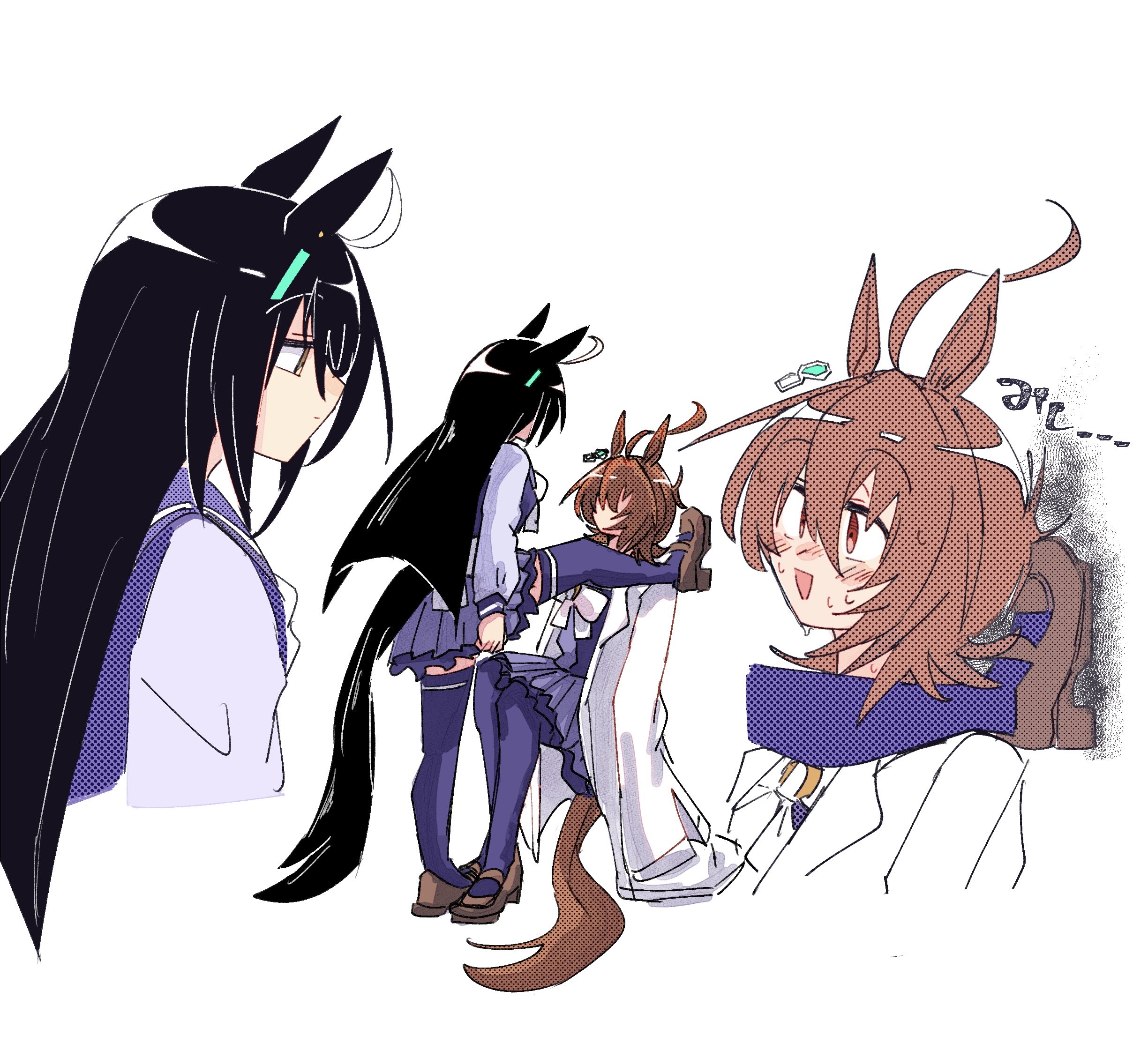gachitamago, agnes tachyon (umamusume), manhattan cafe (umamusume), umamusume, commentary request, highres, 2girls, animal ears, black hair, blush, brown hair, brown shoes, coat, foot kabedon, horse ears, horse girl, horse tail, kabedon, lab coat, long hair, mary janes, multiple girls, open mouth, purple shirt, purple skirt, purple thighhighs, red eyes, school uniform, shirt, shoes, skirt, sweat, tail, thighhighs, tracen school uniform, white coat, yellow eyes, yuri