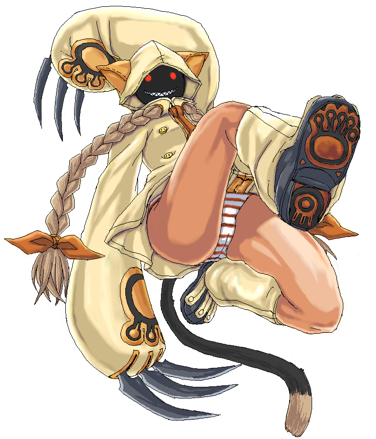 minarai, taokaka, arc system works, blazblue, animal ears, braid, cat ears, cat tail, claws, jaggy lines, panties, solo, striped clothes, striped panties, tail, underwear