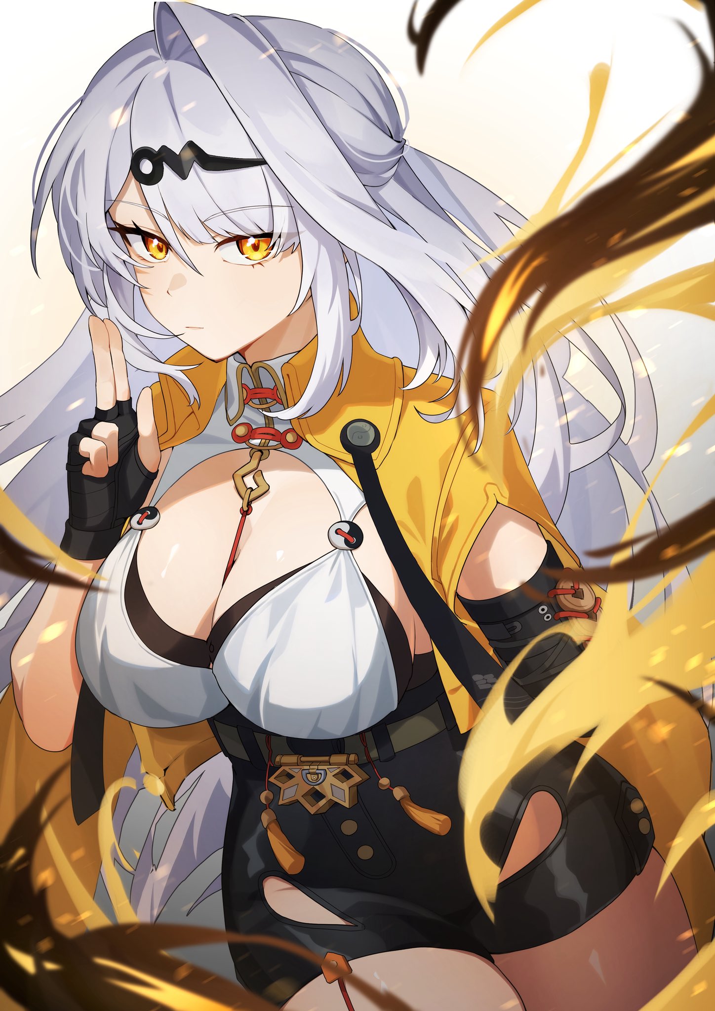 chawarabi, yixuan (zenless zone zero), zenless zone zero, highres, 1girl, asymmetrical gloves, black unitard, elbow gloves, fingerless gloves, gloves, grey hair, high-waist shorts, long hair, shorts, single elbow glove, single hair intake, solo, thick thighs, thighs, uneven gloves, yellow eyes, yin yang pin