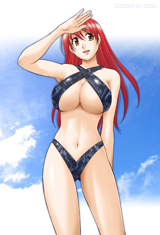 maeda sengoku, original, 1girl, bare shoulders, bikini, black bikini, breasts, brown eyes, cleavage, day, female focus, large breasts, legs, red hair, salute, solo, swimsuit, underboob