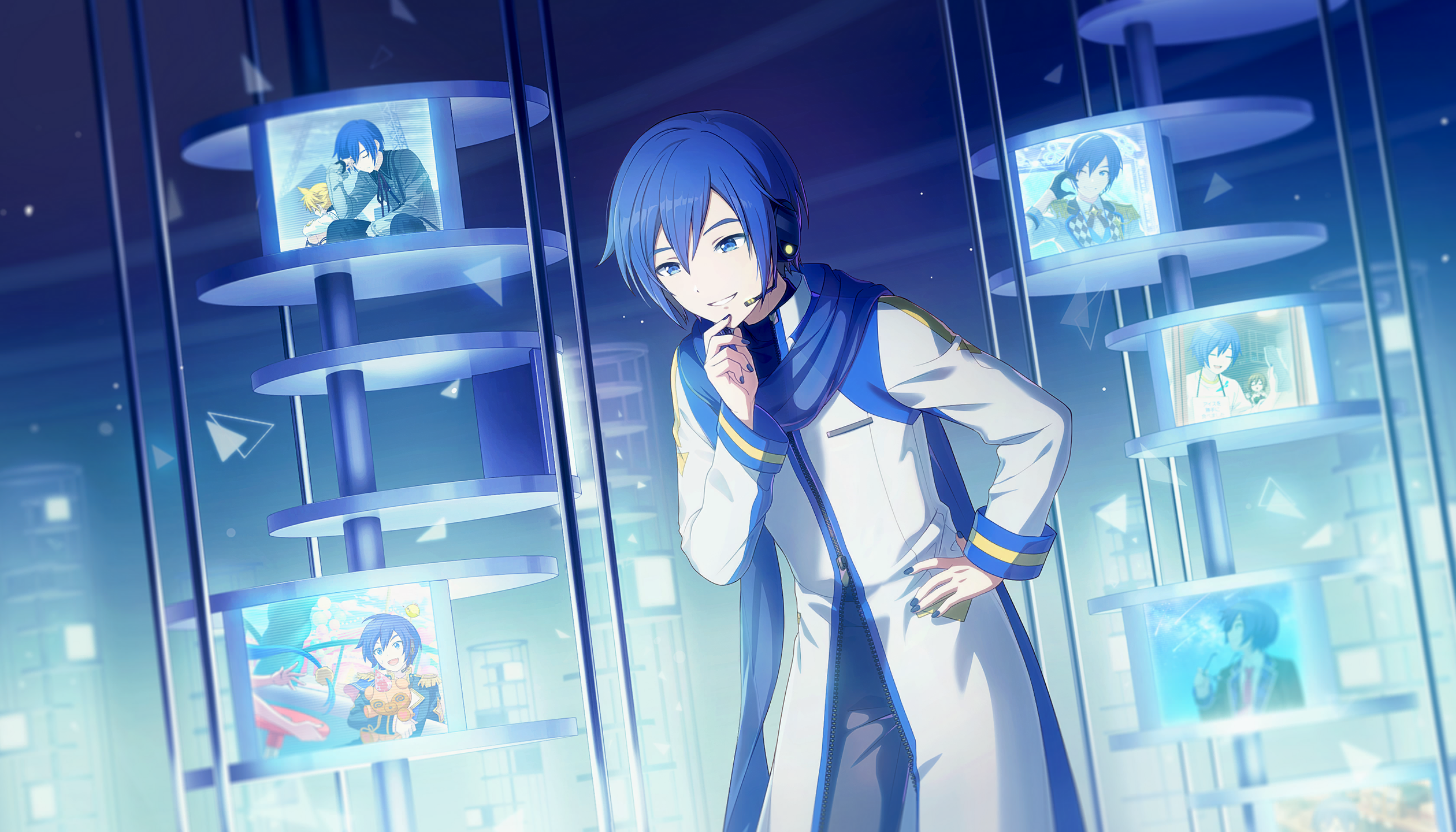 colorful palette, 25-ji kaito, 25-ji len, hatsune miku, kagamine len, kaito (vocaloid), leo/need kaito, meiko (vocaloid), more more jump! kaito, vivid bad squad kaito, vivid bad squad meiko, wonderlands x showtime kaito, wonderlands x showtime miku, project sekai, vocaloid, game cg, highres, official art, third-party source, 1boy, black pants, bloom festival (project sekai), blue eyes, blue hair, blue nails, blue theme, coat, fingernails, grin, hair between eyes, hand on own hip, headset, male focus, nail polish, pants, smile, solo, teeth, triangle, white coat