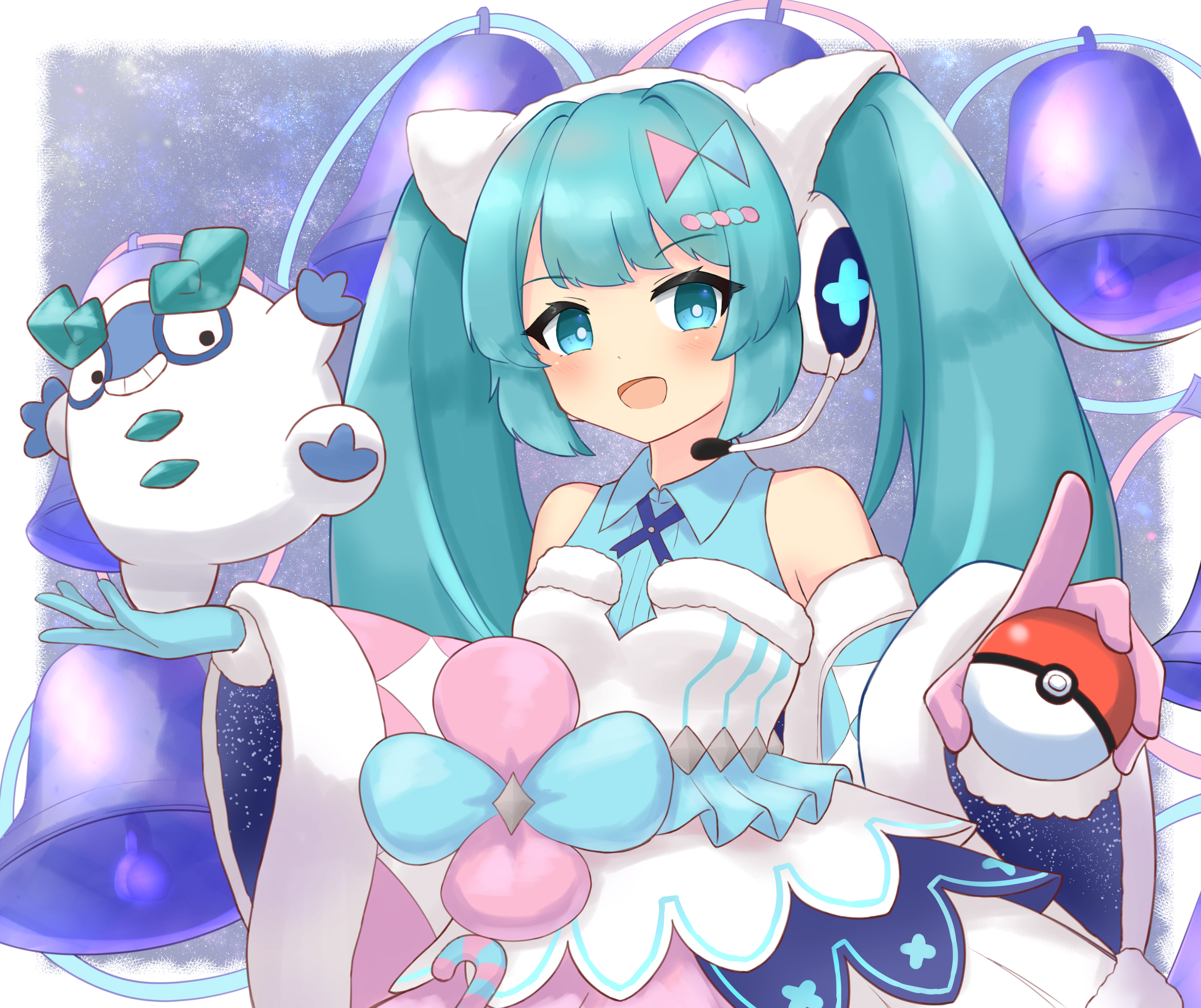 shonasan, darumaka, hatsune miku, magical mirai miku, magical mirai miku (2020 winter), magical mirai (vocaloid), pokemon, vocaloid, absurdres, highres, 1girl, :d, aqua hair, asymmetrical gloves, bell, blue eyes, gen 5 pokemon, gloves, hair ornament, headset, holding, holding poke ball, holding pokemon, mismatched gloves, open mouth, poke ball, pokemon (creature), smile, standing, twintails, wide sleeves