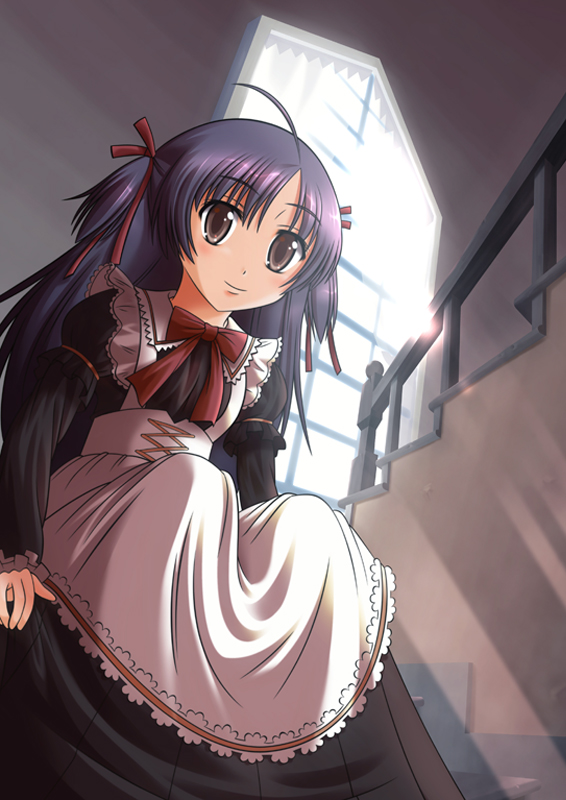 morujii, bad id, bad pixiv id, 1girl, ahoge, apron, blush, bow, bowtie, brown eyes, dutch angle, female focus, long sleeves, looking at viewer, looking back, maid, maid apron, purple hair, red bow, red bowtie, sitting, solo, stairs, window