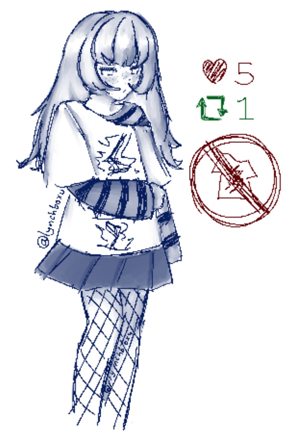 original, highres, 1girl, blush, fishnet pantyhose, fishnets, freckles, layered clothes, layered sleeves, like and retweet, long hair, lynchboxu, pantyhose, pixel art, pout, shirt, skirt, striped clothes, t-shirt, twitter strip game, watermark, white background