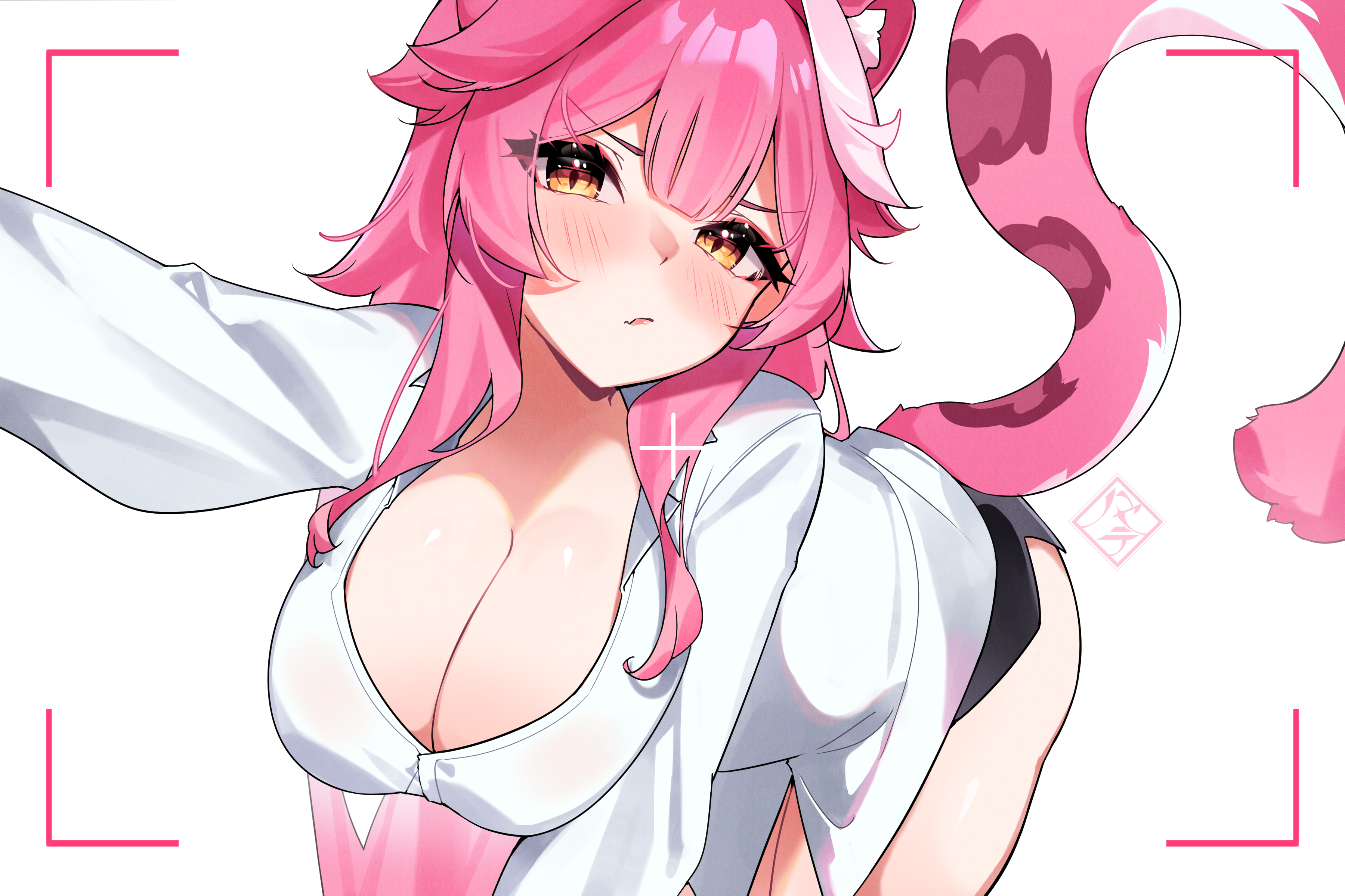 hayate fish, raora panthera, hololive, hololive english, absurdres, commentary, english commentary, highres, 1girl, alternate costume, animal ear fluff, animal ears, bent over, black skirt, blush, breasts, center-flap bangs, cleavage, collared shirt, double-parted bangs, extra ears, large breasts, long hair, long sleeves, looking at viewer, miniskirt, multicolored hair, outstretched arm, panther ears, panther girl, panther tail, pink hair, reaching, reaching towards viewer, shirt, sidelocks, simple background, skirt, solo, streaked hair, tail, very long hair, viewfinder, virtual youtuber, white background, white shirt, white streaks, yellow eyes