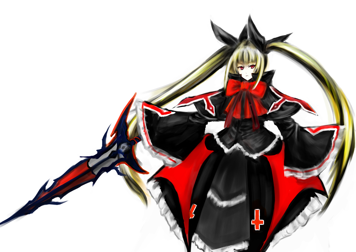 blackwing phoenix, tin fu fa, rachel alucard, arc system works, blazblue, bad id, bad pixiv id, 1girl, blonde hair, bow, female focus, gothic lolita, lolita fashion, long hair, red bow, solo, sword, twintails, very long hair, weapon