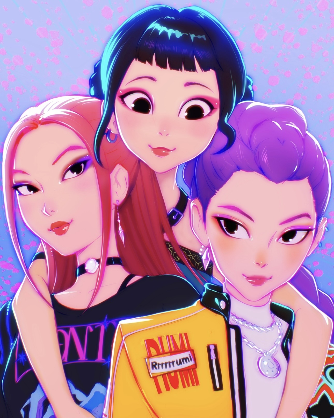 ilya kuvshinov, mira (kpop demon hunters), rumi (kpop demon hunters), zoey (kpop demon hunters), kpop demon hunters, highres, 3girls, black choker, black hair, blunt bangs, braid, braided ponytail, brown eyes, choker, double bun, earrings, eyeshadow, hair bun, jewelry, long hair, looking at another, makeup, multiple girls, necklace, purple hair, red hair, red lips, short bangs, short hair, upper body