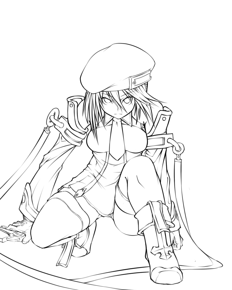 tellwo, teruno, noel vermillion, arc system works, blazblue, 1girl, beret, female focus, greyscale, gun, handgun, hat, monochrome, solo, thighhighs, weapon