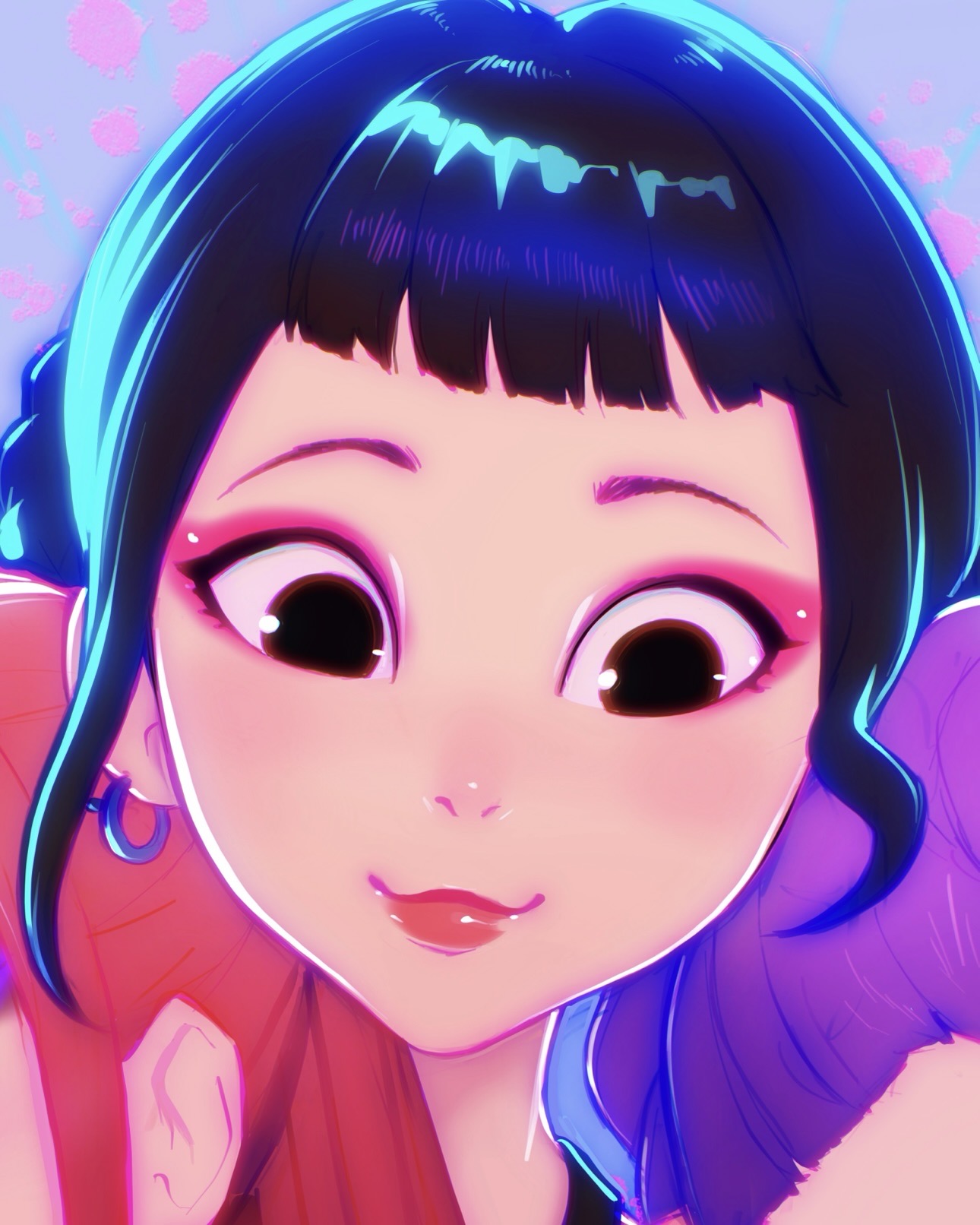 ilya kuvshinov, mira (kpop demon hunters), rumi (kpop demon hunters), zoey (kpop demon hunters), kpop demon hunters, highres, 3girls, black hair, blunt bangs, brown eyes, close-up, double bun, earrings, eyeshadow, hair bun, jewelry, long hair, looking at another, makeup, multiple girls, purple hair, red hair, red lips, short bangs, short hair, solo focus