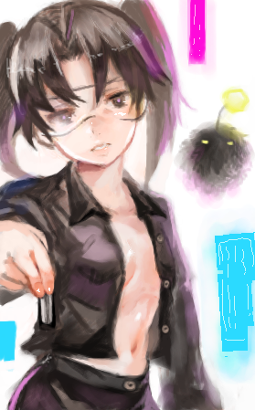 mamepon, amasawa yuuko, mojo (dennou coil), dennou coil, bad id, bad pixiv id, lowres, 00s, 1girl, brown eyes, brown hair, female focus, flat chest, glasses, jacket, open clothes, skirt, solo, topless female, twintails