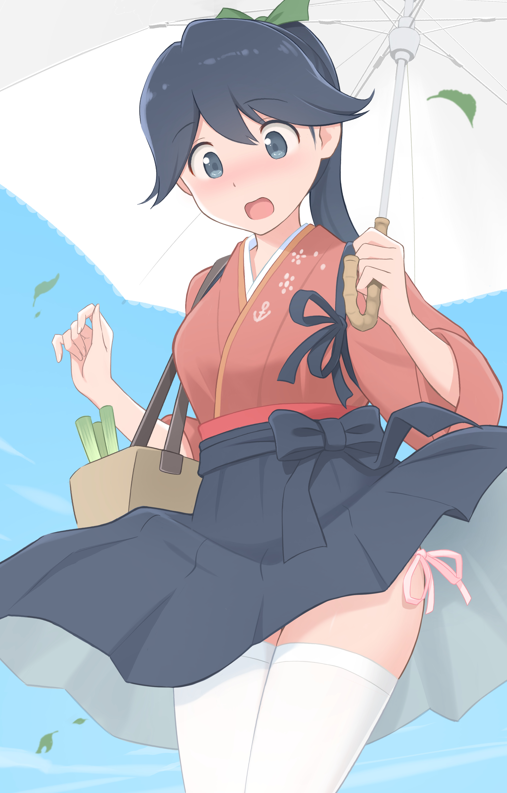 azuki-iro, houshou (kancolle), kantai collection, absurdres, highres, 1girl, bag, black hair, blue sky, blush, breasts, hair ribbon, hakama, hakama skirt, japanese clothes, kimono, long hair, open mouth, panties, pink panties, ponytail, ribbon, shoulder bag, side-tie panties, side-tie peek, skirt, sky, solo, surprised, thighhighs, umbrella, underwear, white thighhighs, wind, wind lift