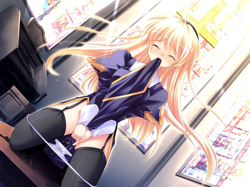 mikeou, priest (ragnarok online), seihouin erika, miraroma, ragnarok online, game cg, 1girl, black thighhighs, blonde hair, blush, church, closed eyes, cosplay, cross, female ejaculation, female focus, female masturbation, garter belt, instrument, kneeling, long hair, masturbation, mouth hold, organ (instrument), panties, panty pull, priest, pussy juice, pussy juice trail, solo, stained glass, sunlight, table, thighhighs, underwear, wet, wet clothes, wet panties, white panties