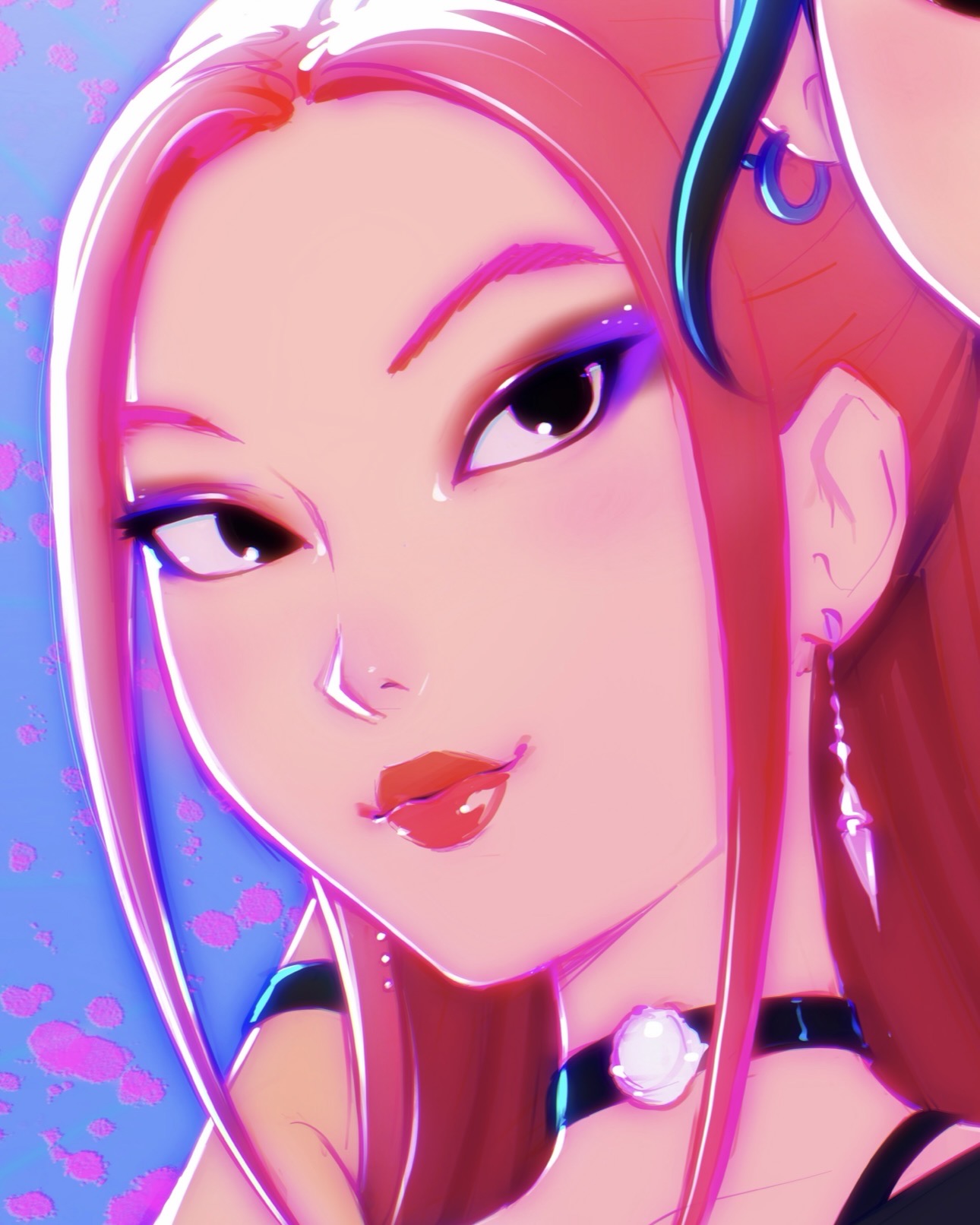 ilya kuvshinov, mira (kpop demon hunters), zoey (kpop demon hunters), kpop demon hunters, highres, 2girls, black choker, black hair, brown eyes, choker, close-up, earrings, eyeshadow, jewelry, long hair, looking at another, makeup, multiple girls, purple eyeshadow, red hair, red lips, short hair, solo focus