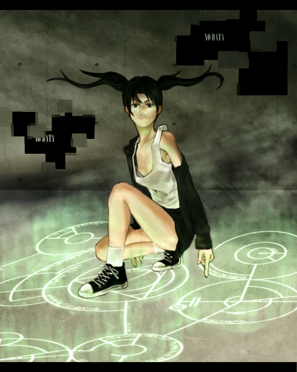 kou (pixiv78108), amasawa yuuko, dennou coil, highres, 00s, 1girl, bare shoulders, black eyes, black hair, breasts, coat, female focus, flat chest, kneeling, loli, long hair, magic circle, nipple slip, nipples, shoes, skirt, sneakers, solo, squatting, tank top, twintails, wind