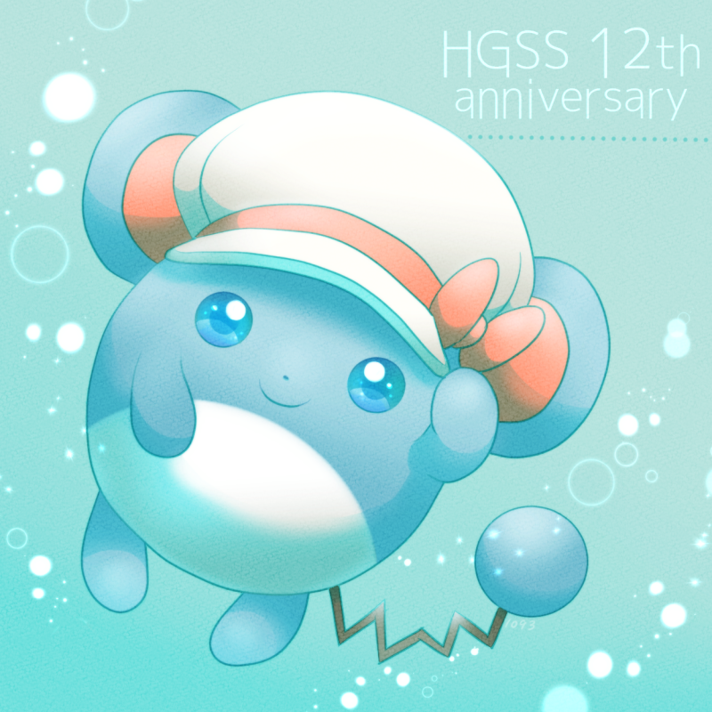 tokusa403, lyra (pokemon), marill, nintendo, pokemon, pokemon hgss, blue background, blue eyes, bow, cosplay, gen 2 pokemon, hat, hat bow, looking at viewer, lyra (pokemon) (cosplay), no humans, pokemon (creature), solo