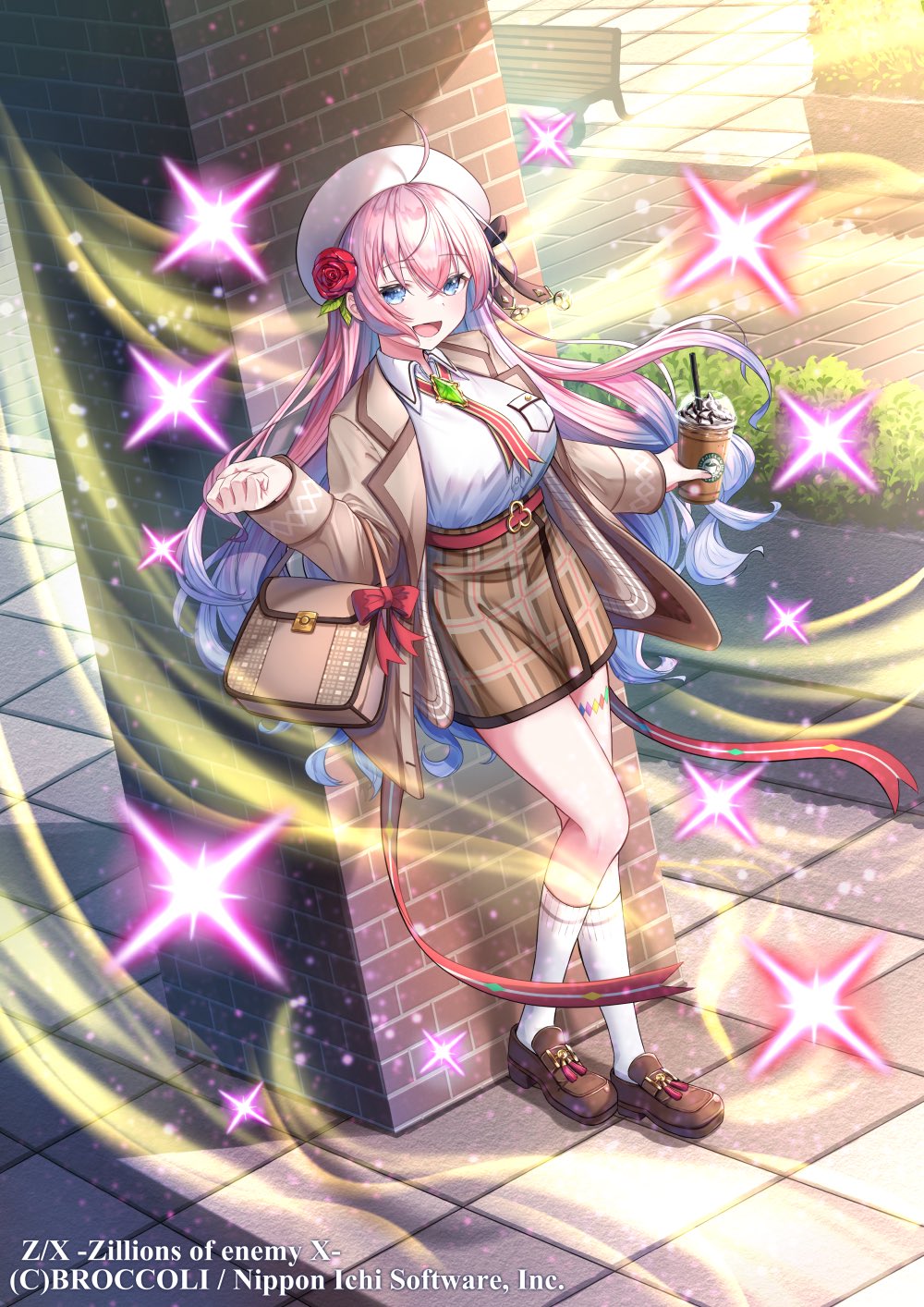 nishiuji, z/x, highres, official art, 1girl, ahoge, bag, bag bow, belt, blue eyes, bow, breasts, brick, brown bag, brown jacket, brown shoes, brown skirt, copyright notice, cup, disposable cup, elbow carry, flower, frappuccino, gradient hair, hair flower, hair ornament, handbag, hat, holding, holding cup, jacket, kamiyugi sakura, large breasts, long hair, multicolored hair, open mouth, outdoors, pink hair, purple hair, red belt, red bow, shirt, shoes, skirt, socks, solo, sparkle, standing, white hat, white shirt, white socks