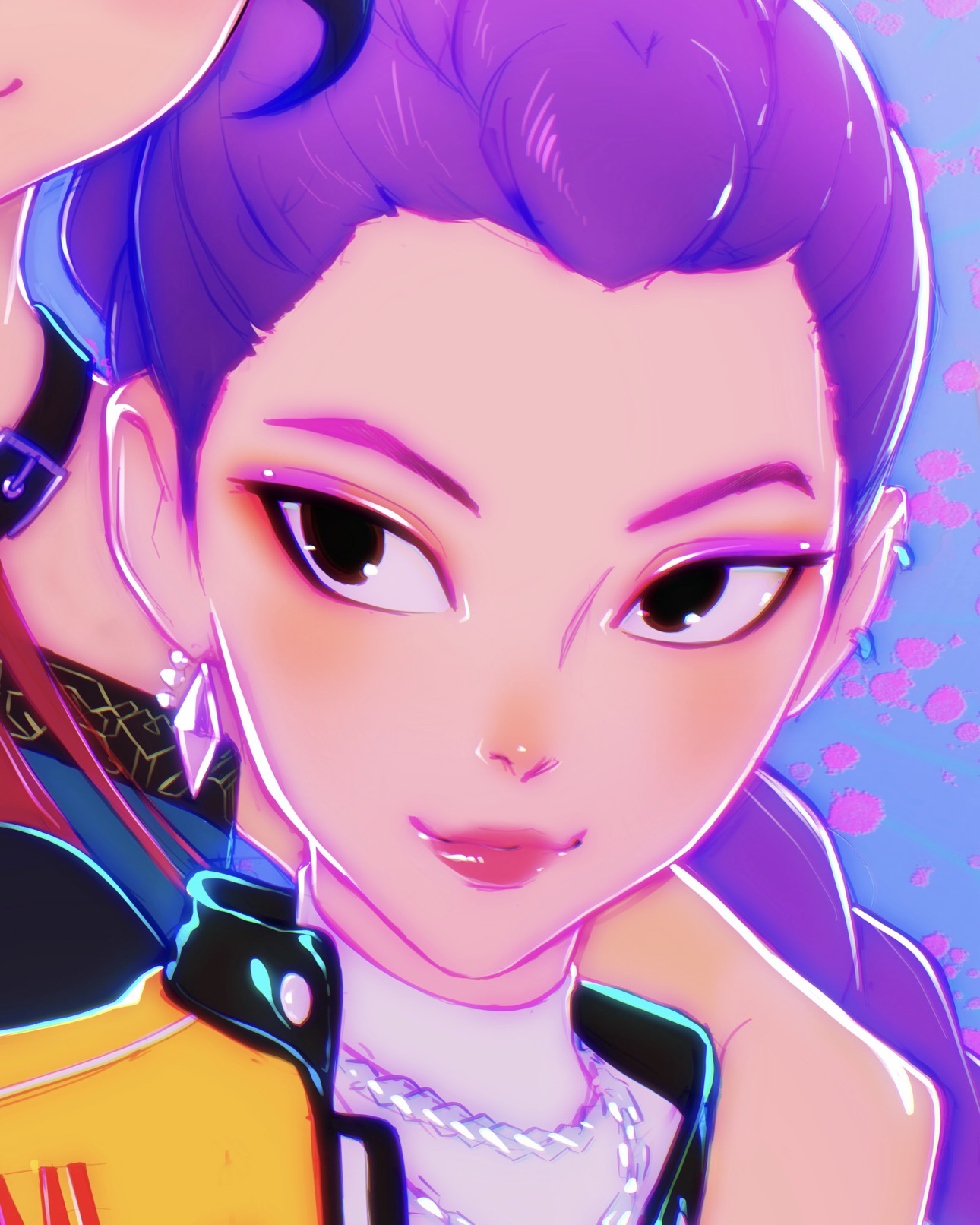 ilya kuvshinov, mira (kpop demon hunters), rumi (kpop demon hunters), zoey (kpop demon hunters), kpop demon hunters, highres, 3girls, black hair, braid, braided ponytail, brown eyes, close-up, earrings, eyeshadow, jewelry, long hair, looking at another, makeup, multiple girls, necklace, purple hair, red hair, red lips, short hair, solo focus, upper body