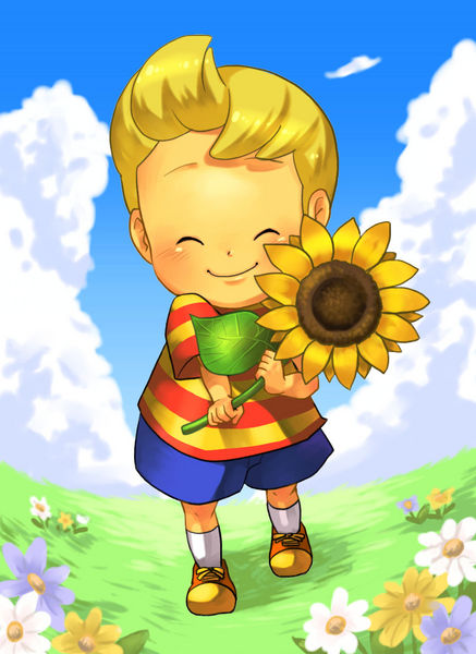 cha kuro (limo), lucas (mother 3), mother (series), mother 3, nintendo, image sample, md5 mismatch, pixiv sample, resized, resolution mismatch, source larger, 1boy, blonde hair, closed eyes, cloud, day, flower, male focus, quiff, shirt, shoes, shorts, smile, sneakers, solo, striped clothes, striped shirt, sunflower