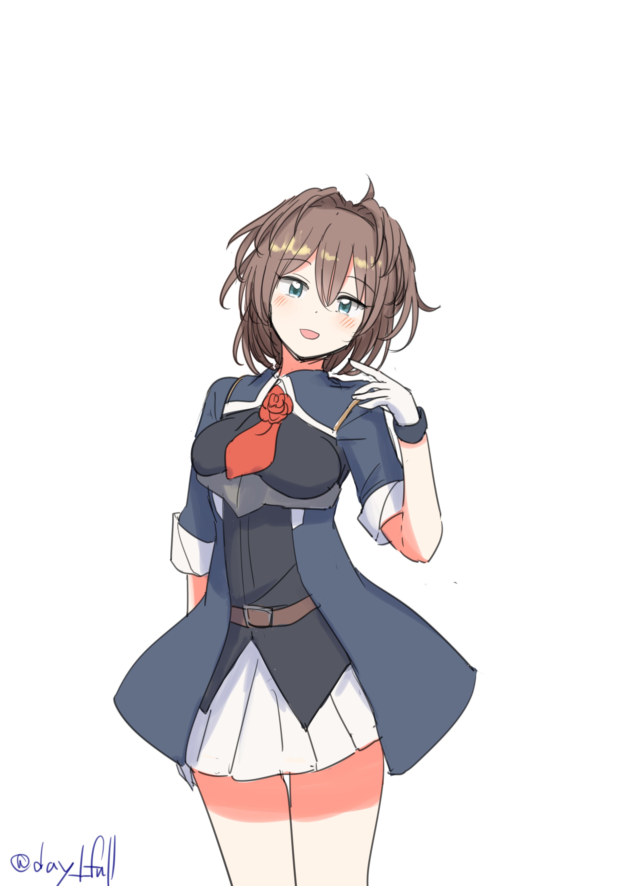 robinson (day l full), sheffield (kancolle), kantai collection, absurdres, highres, 1girl, ascot, belt, blue coat, blue eyes, brown belt, brown hair, coat, cowboy shot, flower, gloves, long hair, messy hair, military uniform, neck flower, negative space, one-hour drawing challenge, red ascot, red flower, red rose, rose, skirt, smile, solo, twitter username, white gloves, white skirt