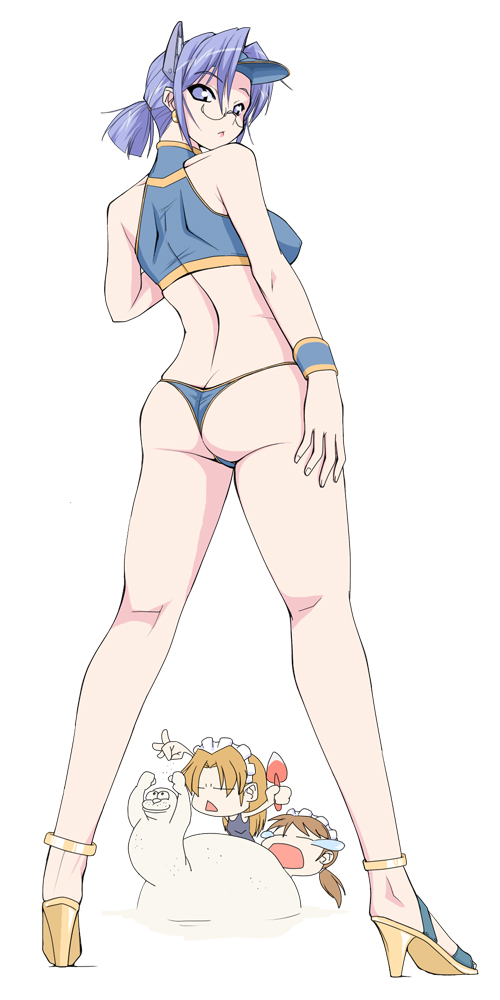 ruriwo (ruriwo1894), 2k-tan, hidoi, medoi, futaba channel, nijiura maids, os-tan, bad id, bad pixiv id, long image, tall image, 3girls, animal ears, anklet, ass, back, bare shoulders, bottomless, building sand sculpture, chibi, full body, glasses, halterneck, high heel sandals, high heels, jewelry, kneepits, looking back, multiple girls, robot ears, sand castle, sand sculpture, sandals, shoes, solo focus, standing, tears, wristband