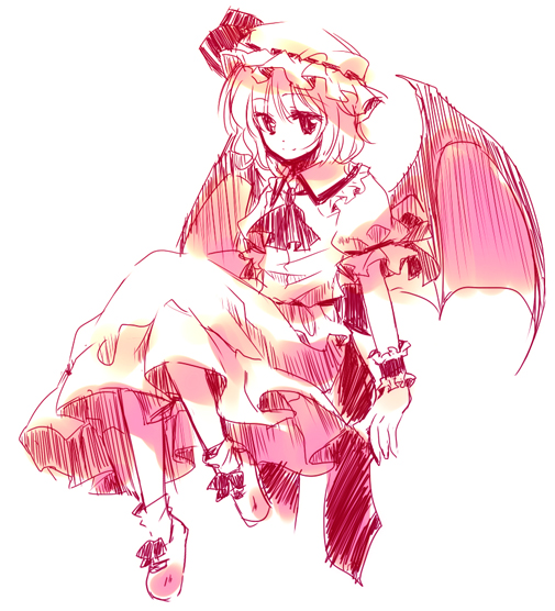 motomiya mitsuki, remilia scarlet, touhou, 1girl, female focus, full body, hat, skirt, solo, white background, wings