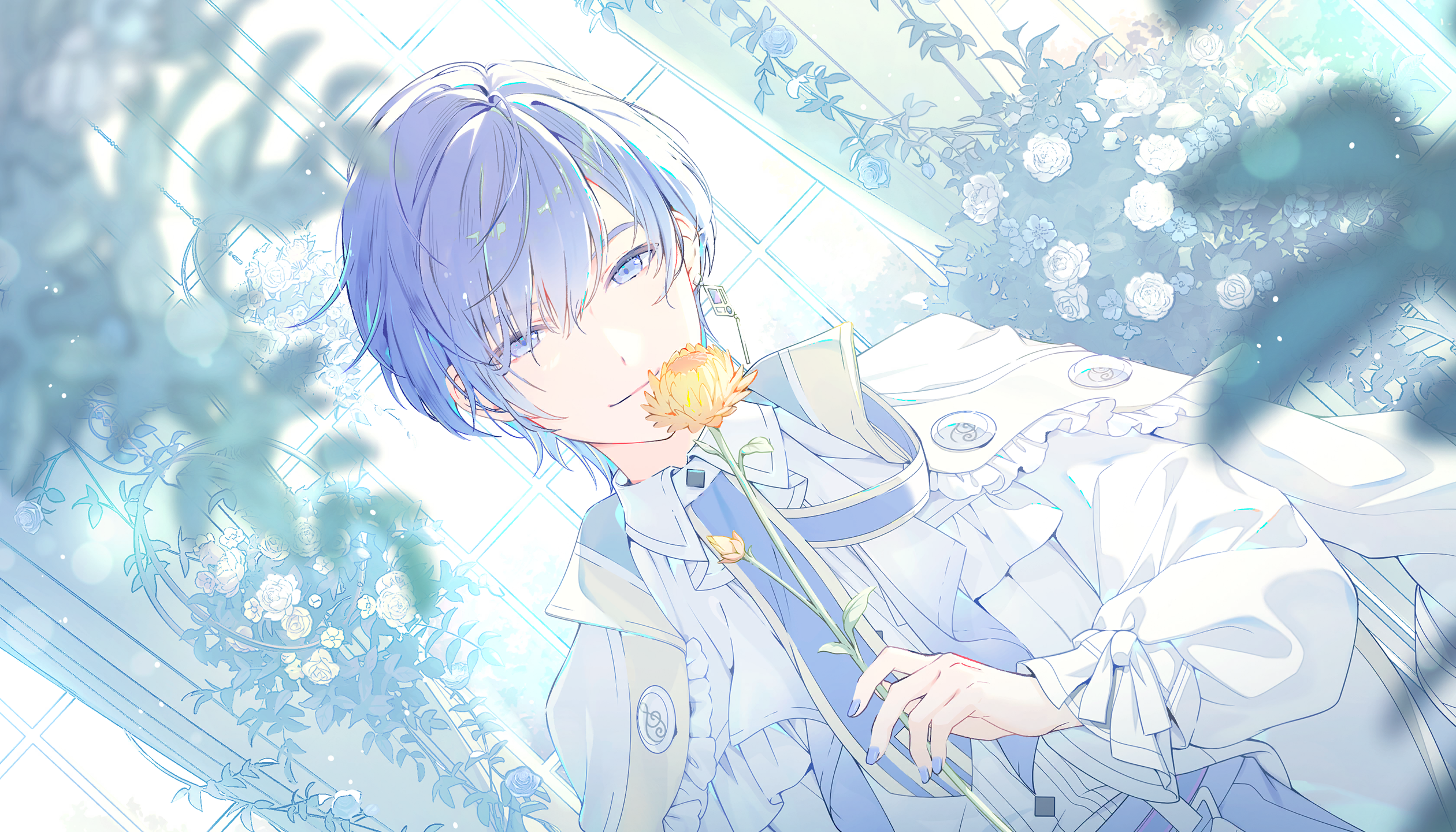 colorful palette, kaito (vocaloid), project sekai, game cg, highres, official art, third-party source, 1boy, bloom festival (project sekai), blue eyes, blue hair, blue nails, blue pants, blurry, bokeh, closed mouth, collared shirt, depth of field, dutch angle, earrings, fingernails, flower, holding, holding flower, jacket, jewelry, looking at viewer, male focus, nail polish, orange flower, pants, shirt, single earring, smile, solo, white flower, white jacket, white shirt
