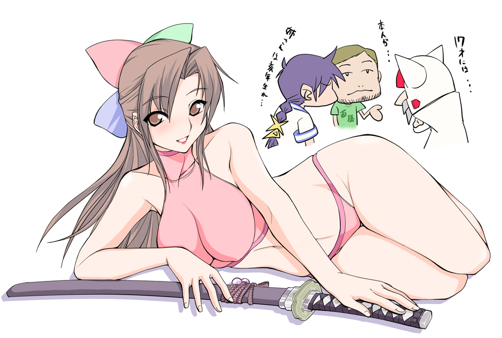 ruriwo (ruriwo1894), 95-tan, heika, xp-kun, xp-tan, os-tan, bad id, bad pixiv id, translation request, 1girl, 2boys, bikini, brown eyes, half updo, hip focus, lipstick, long hair, lying, makeup, multiple boys, on side, sheath, sheathed, smile, swimsuit, sword, weapon, wide hips