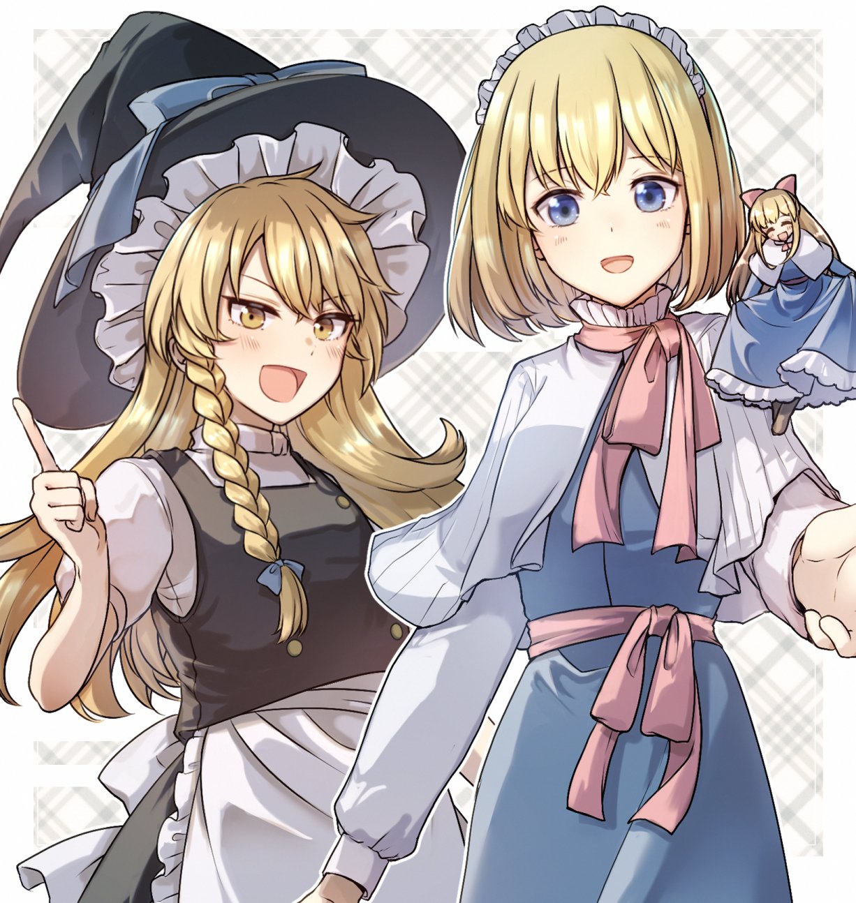 aoi (annbi), alice margatroid, kirisame marisa, shanghai doll, touhou, commentary request, highres, 2girls, apron, black hat, black skirt, blonde hair, blue dress, blue eyes, buttons, capelet, double-breasted, dress, frilled apron, frilled hairband, frills, hairband, hat, index finger raised, long hair, looking at viewer, multiple girls, open mouth, reaching, reaching towards viewer, short hair, skirt, white apron, white capelet, witch hat, yellow eyes