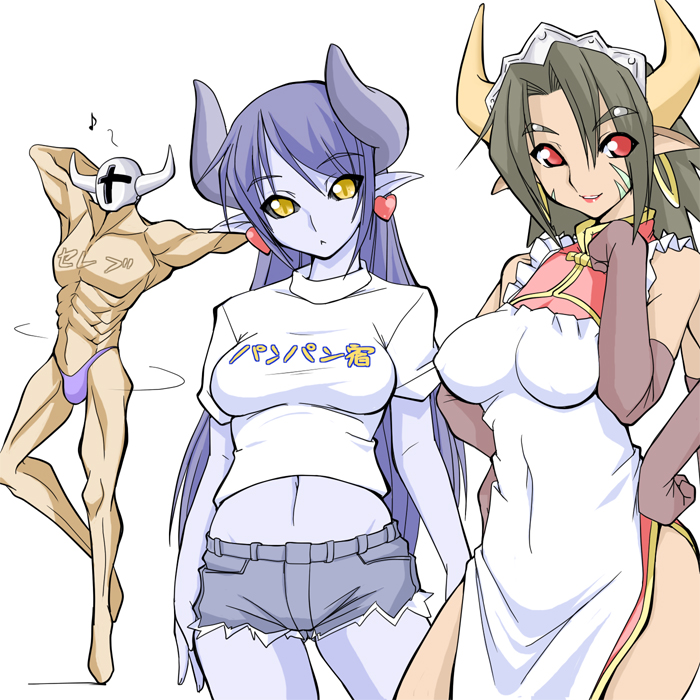 ruriwo (ruriwo1894), astaroth (shinrabanshou), shiyuu (nijiura maids), vista-tan, futaba channel, nijiura maids, os-tan, shinrabanshou, bad id, bad pixiv id, partially translated, translation request, 1boy, 2girls, :<, apron, black sclera, blue hair, blue skin, casual, china dress, chinese clothes, clothes writing, colored sclera, colored skin, cowboy shot, cutoffs, dress, earrings, elbow gloves, extra arms, gloves, hands on own hips, heart, heart earrings, horns, jewelry, lipstick, long hair, maid apron, maid headdress, makeup, minotaur, multi limb, multiple girls, muscular, musical note, navel, pointy ears, red dress, red eyes, red lips, shirt, shorts, side slit, simple background, t-shirt, white background, yellow eyes