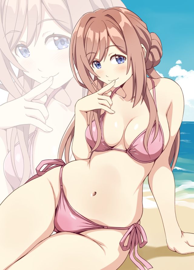ponzu rui, himesaki rinami, gakuen idolmaster, idolmaster, commentary request, 1girl, bikini, blue eyes, blue sky, blush, breasts, brown hair, cleavage, closed mouth, cloud, collarbone, day, hand up, large breasts, long hair, looking at viewer, navel, outdoors, pink bikini, side-tie bikini bottom, sky, smile, solo, stomach, swimsuit, thighs, zoom layer