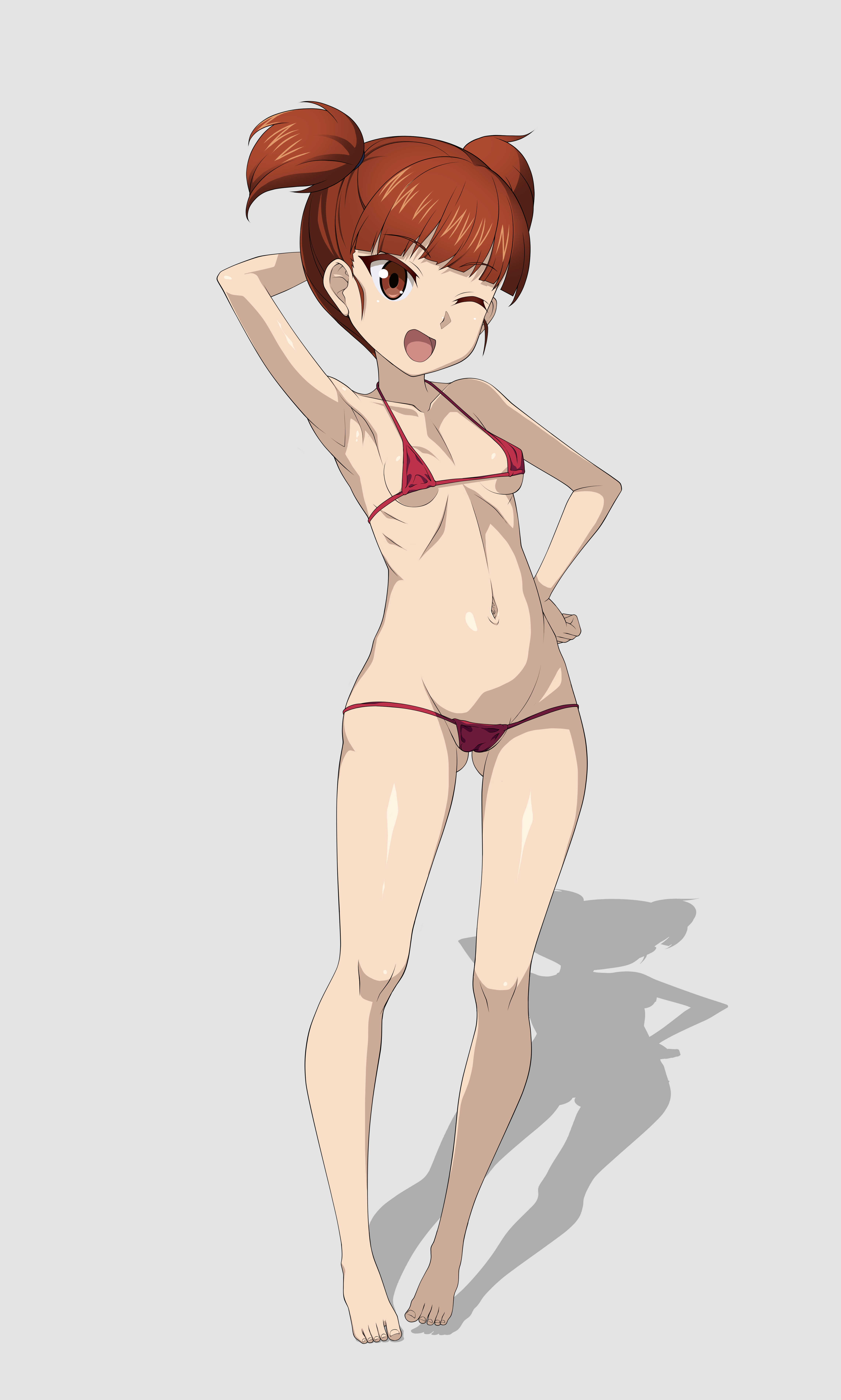 eremiya (loleremiya), mikko (girls und panzer), girls und panzer, 1girl, bikini, breasts, brown eyes, brown hair, cameltoe, full body, hand on own hip, micro bikini, navel, one eye closed, open mouth, red bikini, short hair, simple background, small breasts, smile, solo, swimsuit, twintails, white background, wink