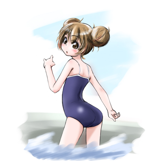 beik, yonekura hisaki, aisaka taiga, toradora!, 00s, 1girl, ass, blush, brown eyes, brown hair, competition school swimsuit, double bun, female focus, flat chest, hair bun, one-piece swimsuit, school swimsuit, solo, swimsuit