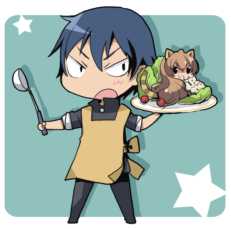 rikuta, aisaka taiga, takasu ryuuji, toradora!, bad id, bad pixiv id, 00s, apron, blue hair, brown eyes, brown hair, chibi