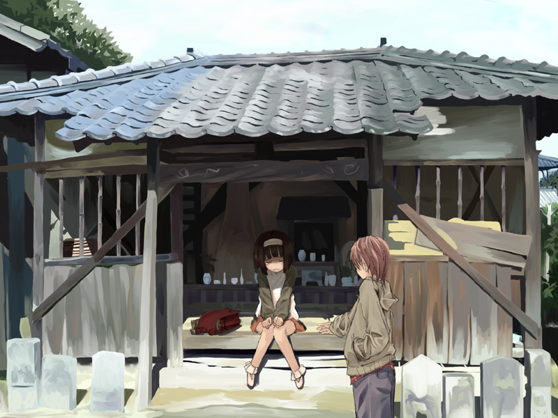 kabocha, kabocha (monkey4), 1boy, 1girl, backpack, bag, closed eyes, crying, randoseru, sitting, tears, v arms