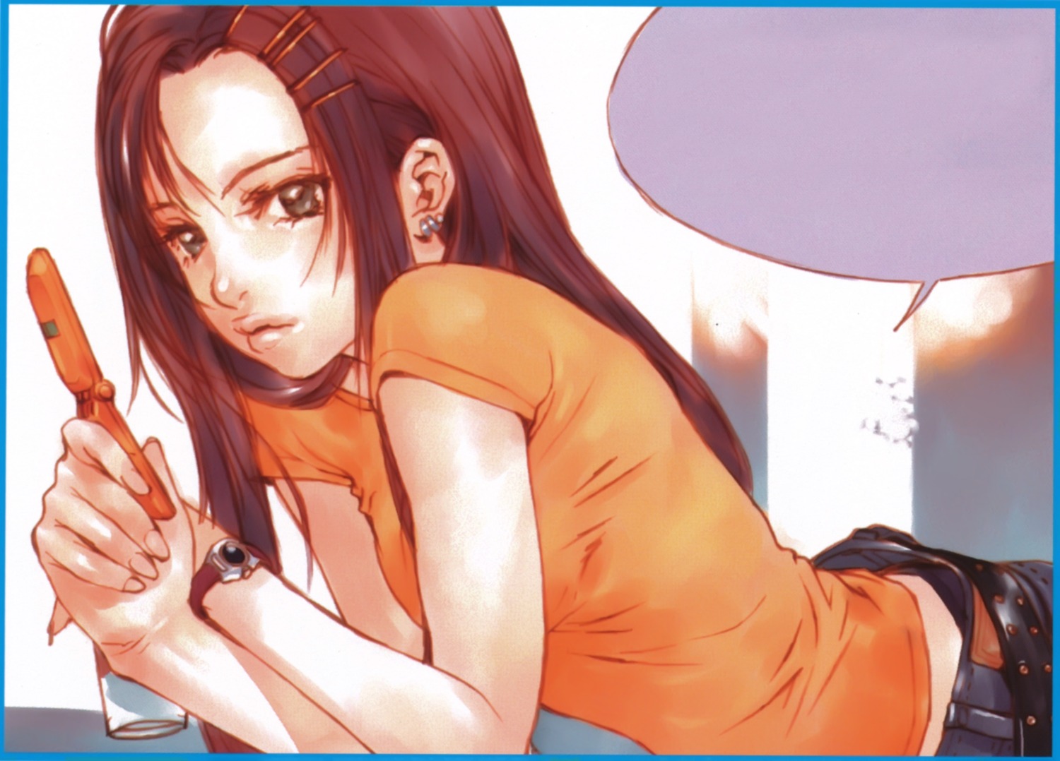 okazaki takeshi, platonic chain, tagme, 1girl, denim, jeans, lips, looking at viewer, pants